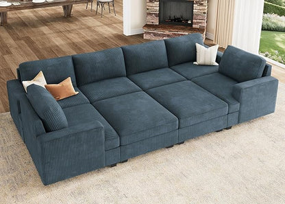 Nolany Sectional Couch with Storage Ottoman, Corduroy Sleeper Sectional Sofa with Chaise, Modular Sectional Couches for Living Room, Blue