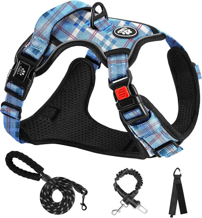 NESTROAD No Pull Dog Harness with Leash, Reflective No Choke Pet Vest Harness,Adjustable Soft Padded Dog Harness with Easy Control Handle for Small Dogs(Checkered Blue,Small)