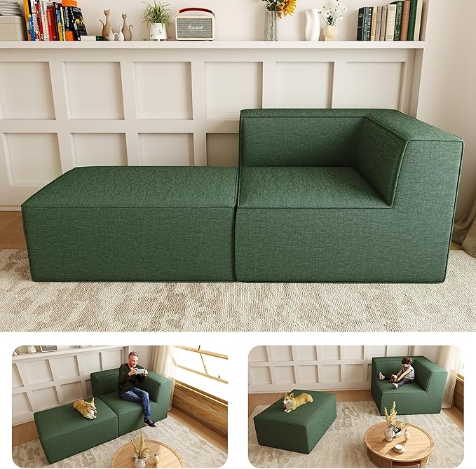 76" Sectional Compressed Sofa Modular Couches,High-Density Foam No Assembly Required, 2-Piece(1x Corner 1x Ottoman) for Living Room, Chenille Green