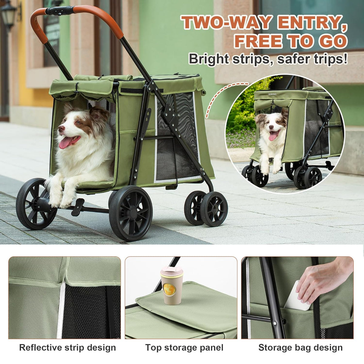 Medium Dog Stroller, Dual Entry One-Touch Folding,Small and Medium Pet Stroller,360° Rotating Front Wheels,70 lbs Weight Capacity for Outdoor Travel and Elderly Dogs - Green