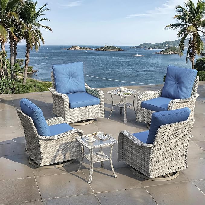 6 Piece Outdoor Wicker Patio Furniture Set,High Back Swivel Rocker Patio Chairs with 4" Thickened Cushions & Side Table, All-Weather PE Rattan for Garden, Backyard, Porch, Blue