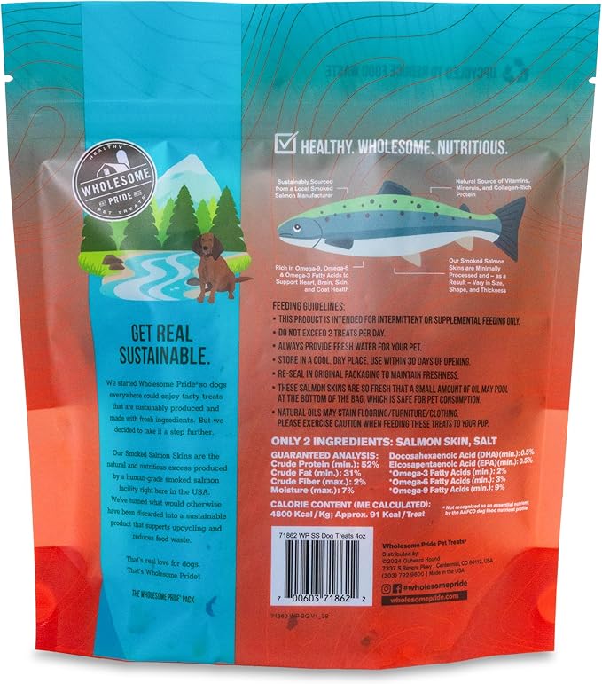 Wholesome Pride Smoked Salmon Skins Natural Healthy Dog Treats, USA Made Sustainably Sourced Dehydrated Treats, 4oz