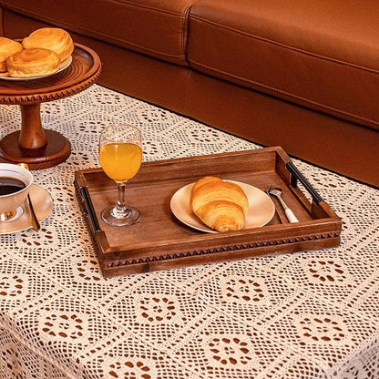 Rustic Wood Serving Tray with Handle Brown Rectangular Decorative Trays Farmhouse Charcuterie Boards Platter for Food, Fruit, and Coffee Great for Bed, Living, Coffee Table, Kitchen and Party