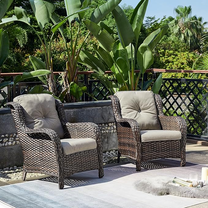 Rilyson Outdoor Wicker Patio Chairs Set of 2: Rattan Dining and Porch Chairs with High Back and Deep Seating (Brown/Grey)