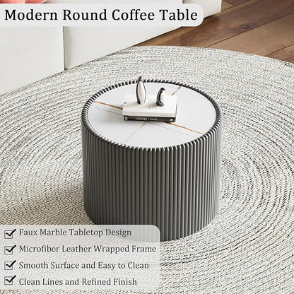 Grey Round Coffee Table with Sintered Stone Tabletop, 17.71" Drum Coffee Table with Fluted PU Leather Covered and Stable Base, Circle Cocktail Tea Table for Living Room