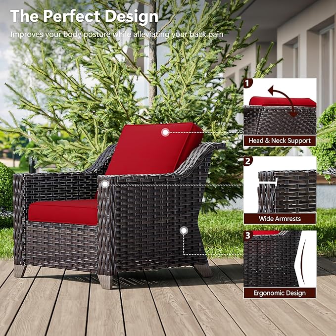 4 Pieces Wicker Patio Furniture, Luxury Outdoor Furniture with 2 Pieces Patio Rattan Chair, 2 Patio Ottoman, Wide Armrest, Thickened Cushions, Ideal for Deck, Porch Use