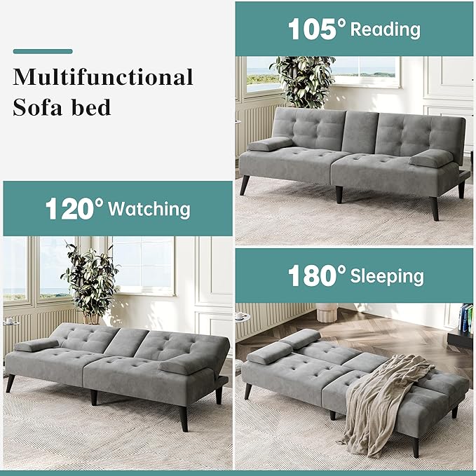 Meilocar Small Futon Sofa Bed Couch, Modern Convertible Sofa Couch, 64 in Recliner Sofa Bed for Living Room, Office, 2 Armrest Pillows, 2 Cup Holders, Dark Grey