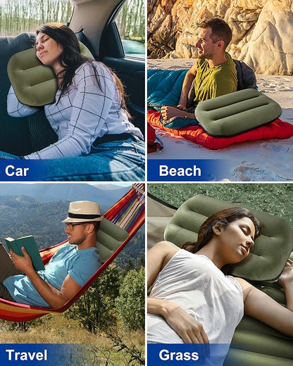 Kampair Ultralight Inflatable Camping Pillow for Sleeping – Soft Velvet Cover, Compact & Portable, Ergonomic Neck Support, Machine Washable Air Pillow, Perfect for Travel, Hiking, Backpacking – Green