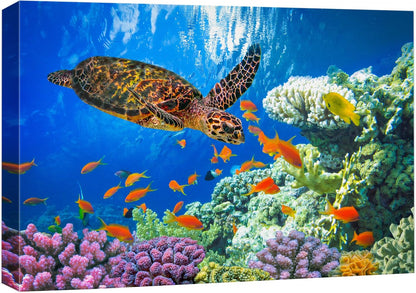 wall26 Canvas Print Wall Art Vibrant Neon Underwater Turtle, Reef & Fish Nature Animals Photography Realism Rustic Scenic Landscape Wilderness Colorful for Living Room, Bedroom, Office - 24"x36"