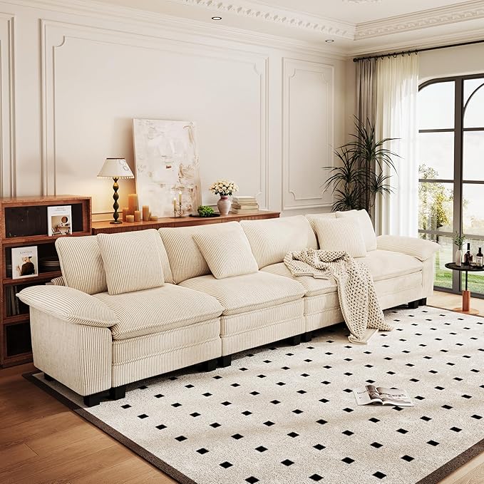 PHI VILLA Cloud Modular Couches Sets, 157.5" Sectional Sofa with Upholstered Deep Seat, 4-Seater Long Couches for Living Room Apartment, Corduroy Fabric, Beige