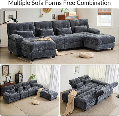 GRAINLLE 93'' Modular Sectional Cloud Couch with 1 Ottoman,Deep Seat Sleeper Sofa L Shaped Sectional Couch,Convertible Upholstered Comfy Chenille Sectional Sofa for Living Room,Bedroom(Blue)