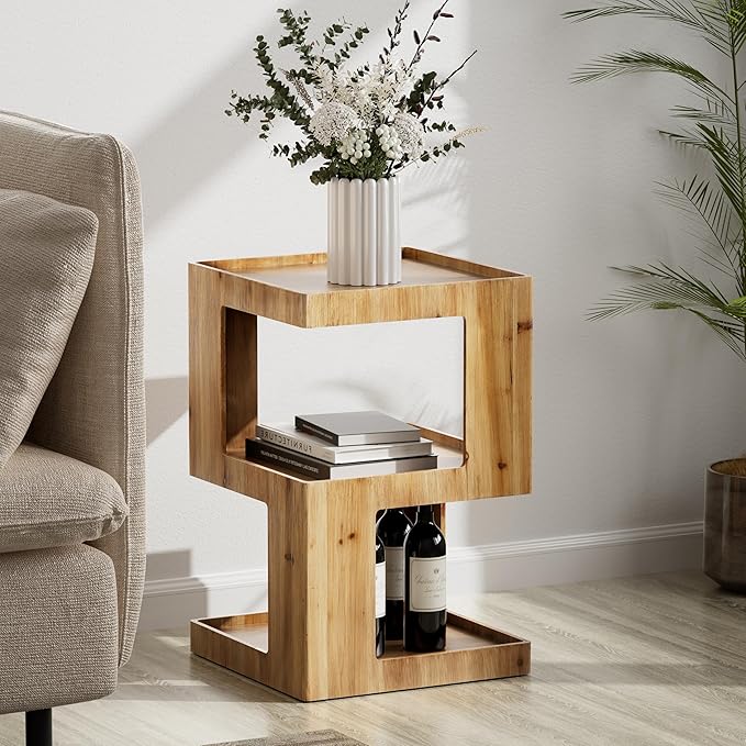 COZAYH Farmhouse Geometric Wood End Table, Distressed Accent Side Table with Two Storage Space, 3-Layer Cube Design for Bedroom, Living Room, Entryway.
