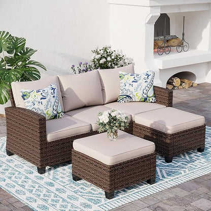 SUNSHINE VALLEY Outdoor Patio Furniture Set, 5-Seat L-Shaped Patio Couch Set with 2 Ottomans, Durable Rattan Outdoor Sofa Set for Small Patios, Modular Outdoor Couch Set for All-Weather Use, Beige
