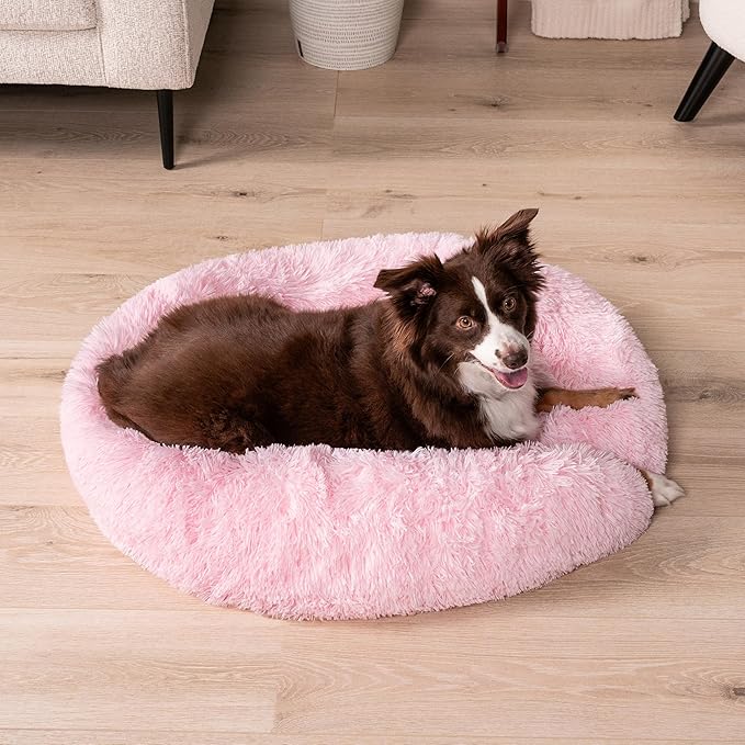 PetAmi Calming Dog Bed for Small Medium Dog Cat, Round Donut Dog Bed Washable, Fluffy Faux Fur Plush Cuddler Pet Kitten Cushion Bed, Anti-Slip, Fits up to 45 lbs, 30 inch, Pink