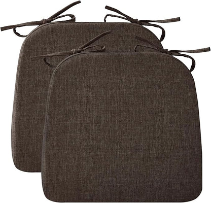 Ruqmuis Chair Cushions for Dining Chairs, 2" Thick Seat Cushions for Kitchen Chairs, D-Shaped Chair Pads with Washable Cover, Ties and Non Slip Backing, 17'' x 16'', Set of 2, Brown