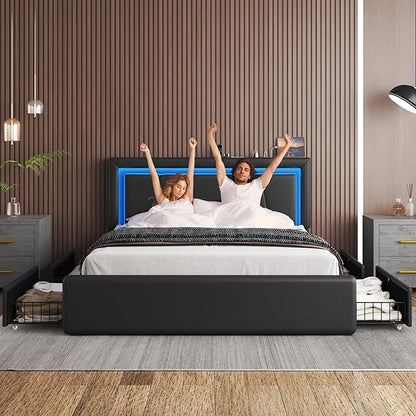 Full Size Bed Frame with 4 Storage Drawers and LED Lights, Upholstered Platform Bed with Adjustable Headboard and Charging Station, Metal Slats Support, No Box Spring Needed,Easy Assembly, Black