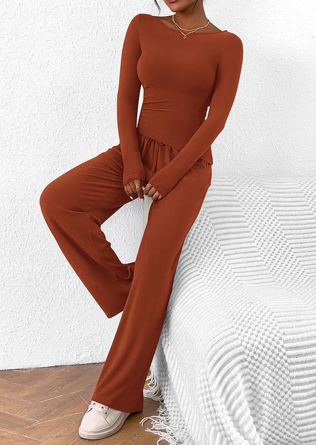 PRETTYGARDEN Women's 2 Piece Lounge Sets Asymmetrical Long Sleeve T Shirt Wide Leg Pants Casual Outfits Tracksuit