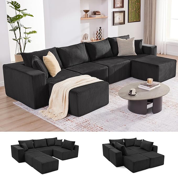135.4" Cloud Couch Sectional, Modular Sectional Sofa with Deep Seat, Plush Corduroy U Shaped Boneless Couch, Convertible Sectional Couches for Living Room, 6Seat, Black
