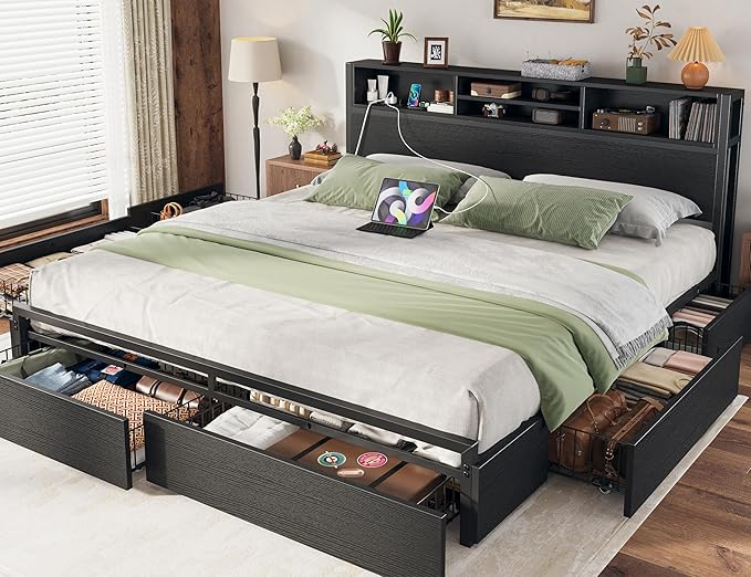 EnHomee King Size Bed Frame with 6 Storage Drawers King Bed Frame and Headboard, Storage Bed with Charging Station, No Noise,No Box Springs Needed,Black