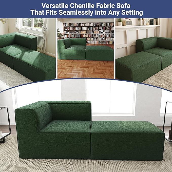 76" Sectional Compressed Sofa Modular Couches,High-Density Foam No Assembly Required, 2-Piece(1x Corner 1x Ottoman) for Living Room, Chenille Green