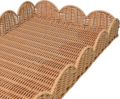 happimess TRY2001A-3SET Parker Southwestern Cottage Resin Scalloped Rectangular Decorative Serving Trays, Brown (Set of 3) for Storage and Decoration in Bathroom, Bedroom, Living Room