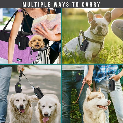 PetAmi Dog Poop Bag Holder for Leash Attachment, Doggie Zipper Pouch Soft Fabric Poop Bag Carrier, Dog Pet Waste Bag Dispenser with Carabiner Clip, 1 Roll of Dog Trash Bag (Black/Gray, 2 Pack)