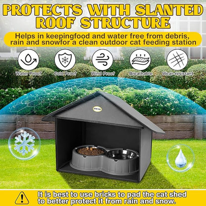 Dreyoo 1 Pack Outdoor Cat Feeding Station for Food & Water, Weatherproof Outdoor Kitty Dining Room Cat Shelter for Stray, Feral Cats and Community Cats, 13”d x 17”w x 15.5'h (Dark Grey)