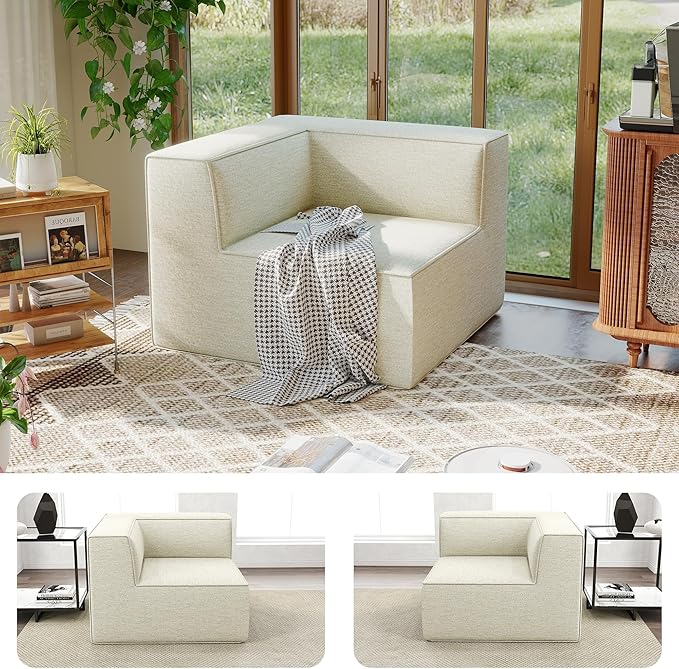 38“ Modular Sectional Sofa Convertible Cube Couch Seat Set, Combine L-Shaped U-Shaped, Free Assembly, Space-Saving for Living Room, Thick Foam Fabric Chenille Beige White (Only Corner)