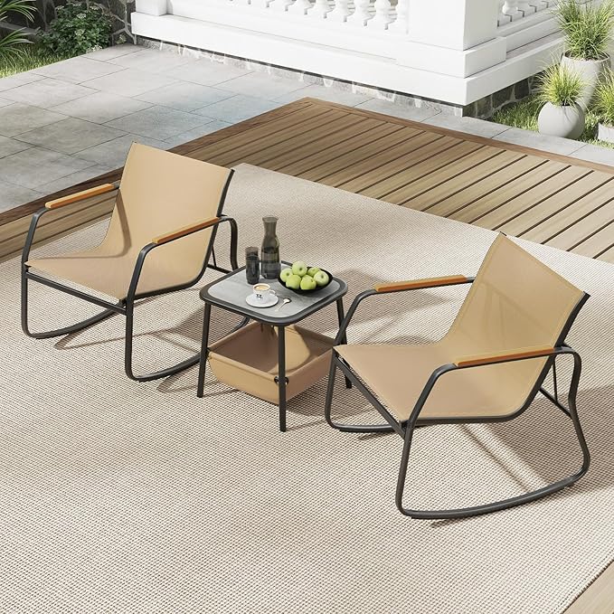 Tangkula 3 Piece Rocking Bistro Set Outdoor, Patio Rocking Chairs & Side Table with Storage Basket, Wood-Like Armrests & Metal Frame, Patio Furniture Set for Porch, Backyard, Lawn & Poolside