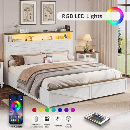 IRONCK Farmhouse King Size Bed Frame with LED Light and Charging Station, Wood Bed Frame with Storage Headboard and 2 Drawers， Barn Door Design, Sturdy and Noiseless, White