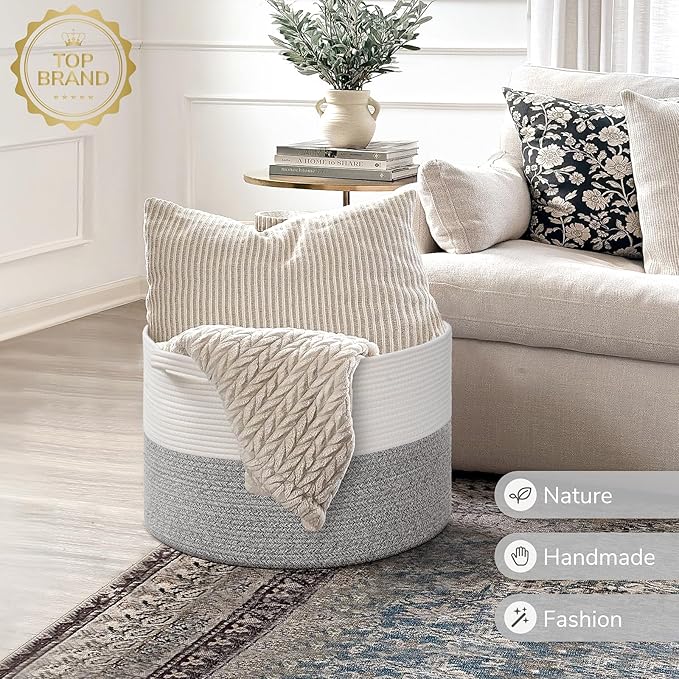 INDRESSME Large Blanket Basket, Laundry Toy Storage Baskets, Decorative Woven Basket for Living Room & Nursery, Baskets for Gifts Empty, Laundry, Dog Toys, Towels, Light Grey, 19.7" D x 12.6" H