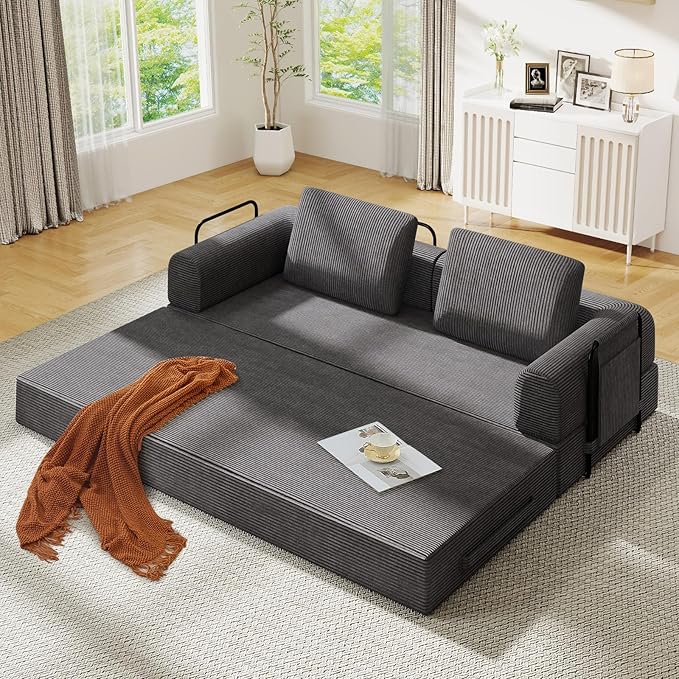 Antetek Convertible Sofa Bed, Comfy Corduroy Fluffy Love seat Sleeper Sofa, 5 in 1 Folding Couch Bed, Fold Out Floor Couch with Pillows for Bedroom, Living Room, Office, Pinstripe, Grey