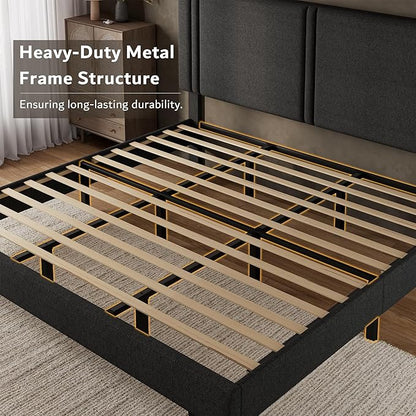 iPormis King Platform Bed Frame with Fabric Upholstered Headboard & Thickened Legs, Mattress Foundation with Solid Wooden Slats Support, No Box Spring Needed, Noise Free, Dark Grey