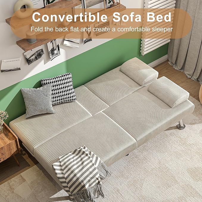 Shahoo Modern Upholstered Convertible Folding Futon Sofa Bed with Removable Armrests, Metal Legs, 2 Cup Holders for Living Room, Beige