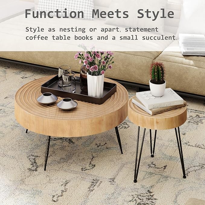 2-Piece Modern Farmhouse Living Room Coffee Table Set, Nesting Table Round Natural Finish with Handcrafted Wood Ring Pattern