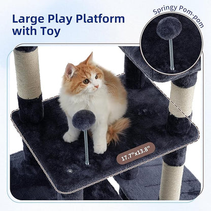 Gitelsnour Cat Tree for Indoor Cats, 55.1 inch Cat Tower with 7 Sisal Scratching Posts, Multi-level Cat Condo wit Large Play Platform Furry Ball, Cat Cave, 2 Padded Perches, Basket, Smoky Gray GCT013G