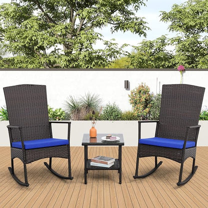 Outdoor PE Wicker Rocking Chair 3-Piece Patio Rattan Bistro Set 2 Rocker Armchair and Glass Coffee Side Table Furniture Washable Lacing Cushions, Blue