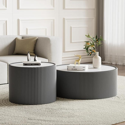 Round Coffee Table Set with Sintered Stone Tabletop, 29.52" Grey Drum Center Table and 17.71" Grey Coffee Table Set, 2 Pieces Living Room Table Set with Fluted PU Leather Cover& Stable Base