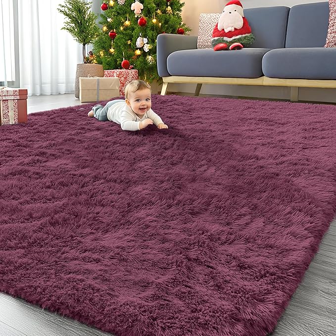 OLANLY 9x12 Machine Washable Large Area Rugs for Living Room, Bedroom, Soft Fluffy Shaggy Bedside Rug, Indoor Floor Carpet for Kids Girls and Boys, Dorms, Nursery, Home Decor Aesthetic, Burgundy