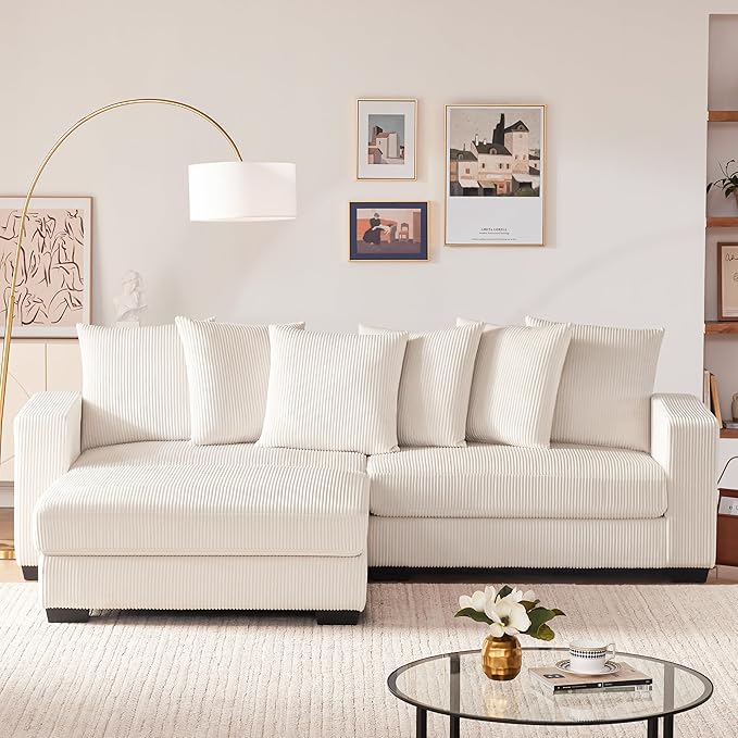 101.6" Deep Seat Modular Sectional Sofa, Comfy Corduroy Sectional Couches for Living Room, L-Shaped Upholstered Cloud Couch with Chaise, Widened Armrests for 4 People, Beige
