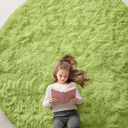 OLANLY Grass Green Round Rugs for Bedroom - Machine Washable, 8 ft Circle Area Rugs for Living Room, Soft and Fluffy Shaggy Carpet for Teen Girls and Boys, Nursery Rooms, Dorms, Home Decor Aesthetic