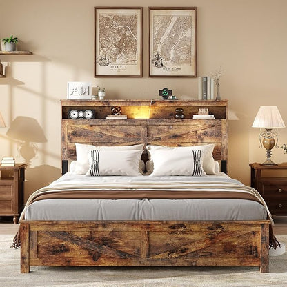 Farmhouse Queen Size Bed Frame with Headboard Storage Shelf, Wood Platform Bed Frame with LED Lights & Charging Station, Rustic Brown Metal Bed, No Box Spring Needed, Noise-Free Sturdy Structure