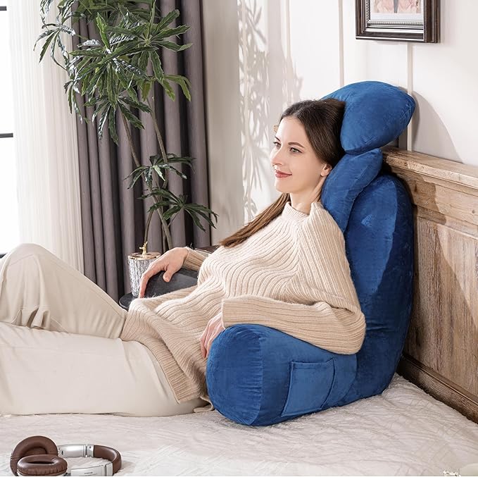 NOONTIDE Reading Pillow for Sitting up in Bed and Couch,32" X-Large Back Pillow for Adult & Teens with Soft Adjustable Neck Roll Backrest Pillow,Washable Cover,Watching TV/Gaming/Relaxing(Blue)