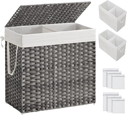 SONGMICS 130L Clothes Hamper with Lid, 2 Removable Liner Bags, 6 Mesh Bags, Wicker, Double Laundry Basket for Bathroom, 13 x 26 x 23.6 Inches, Gray ULCB253G01
