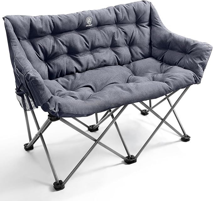 EVER ADVANCED Double Camping Chair for Adults, Padded Folding Camping Love Seat Bench with Side Pocket Portable Camping Couch, Two Person Heavy Duty Folding Outdoor Chair with Cushion,Support 600lbs