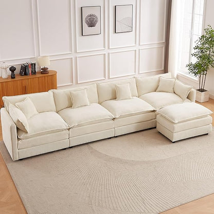saows Modular Sectional Sofa, 147.2 Inch L Shaped Couch Set with Armrests, 4-Seater Comfy Cloud Couches with Movable Ottoman for Living Room Apartment, Beige