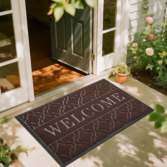 Yimobra Welcome Mat Outdoor Indoor, All-Season Waterproof Front Door Mat Outside Entrance, All-Weather Heavy Duty Non-Slip Doormat, Low Profile Porch Patio Entrance Mats, 47x32, Brown