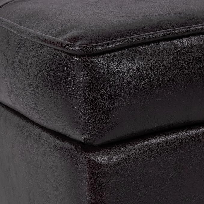 HomePop Leatherette Tufted Square Storage Ottoman with Hinged Lid, Brown Small