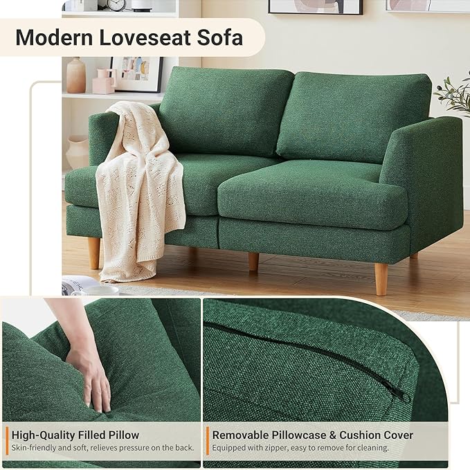 Loveseat Sofa 56" Mid Century Modern Small Couches for Small Spaces Love Seat with 2-Seat Upholstered Cushion Sofa Couches for Bedroom, Living Room, Apartment, Office (Green)