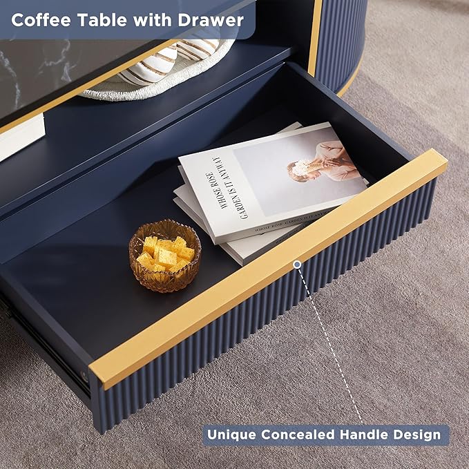OKD Modern Luxury Fluted Coffee Table, 48" Oval Coffee Table with Drawer, Faux Marble Top, Curved Profile Design, Gold Metal Decor, Center Table for Living Room, Navy Blue